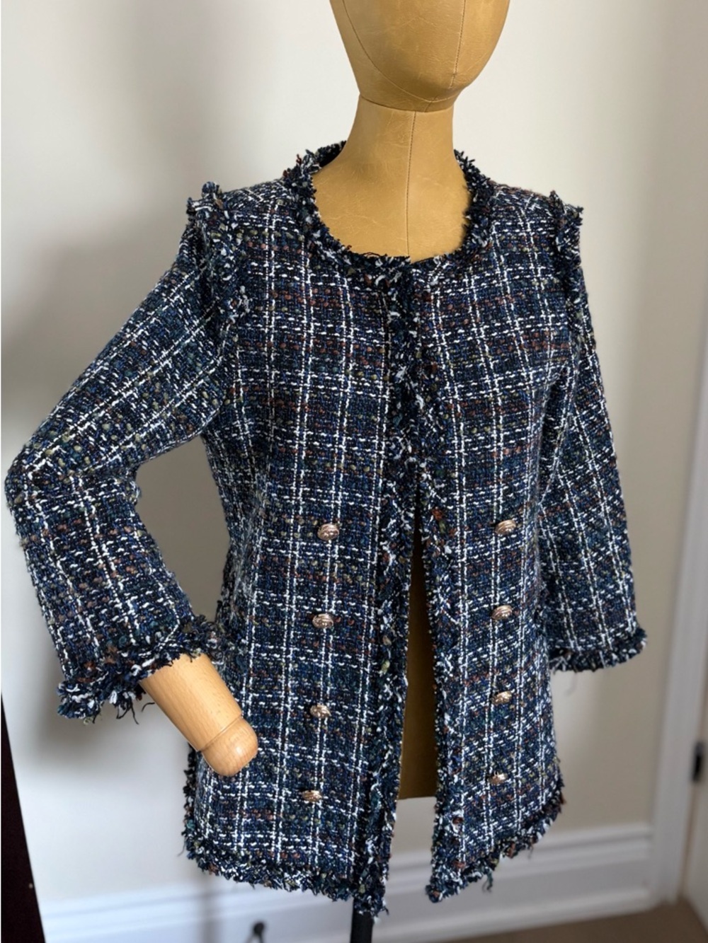 NAKED ZEBRA Navy Multicolor Tweed Fringed Jacket (S)